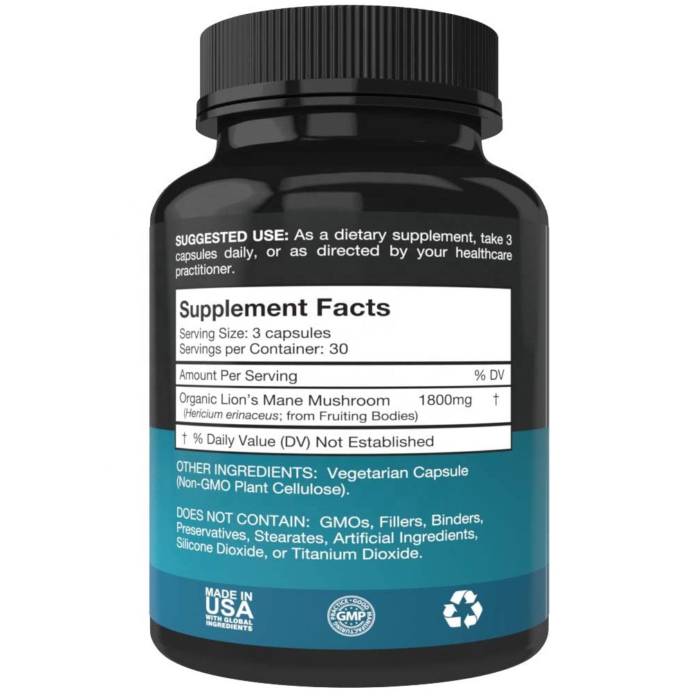 Organic Lions Mane Mushroom Supplement Capsules for Nootropic Brain & Immune System Booster