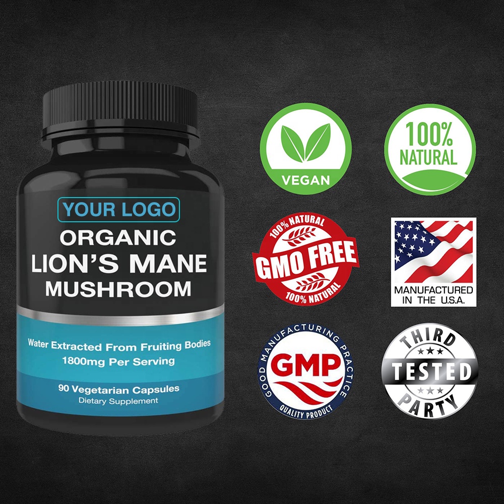 Organic Lions Mane Mushroom Supplement Capsules for Nootropic Brain & Immune System Booster